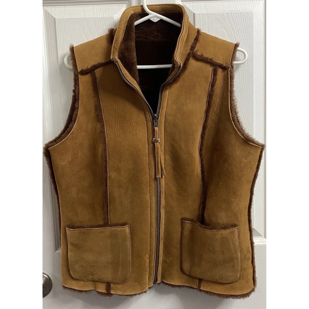 The Territory Ahead Unisex Leather Reversible Brown/Tan Sherpa Vest Sz. M EUC